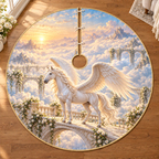 White winged Pegasus on an ivory bridge among sunrise clouds, entirely flat printed on a thin gold-bound circular tree skirt.