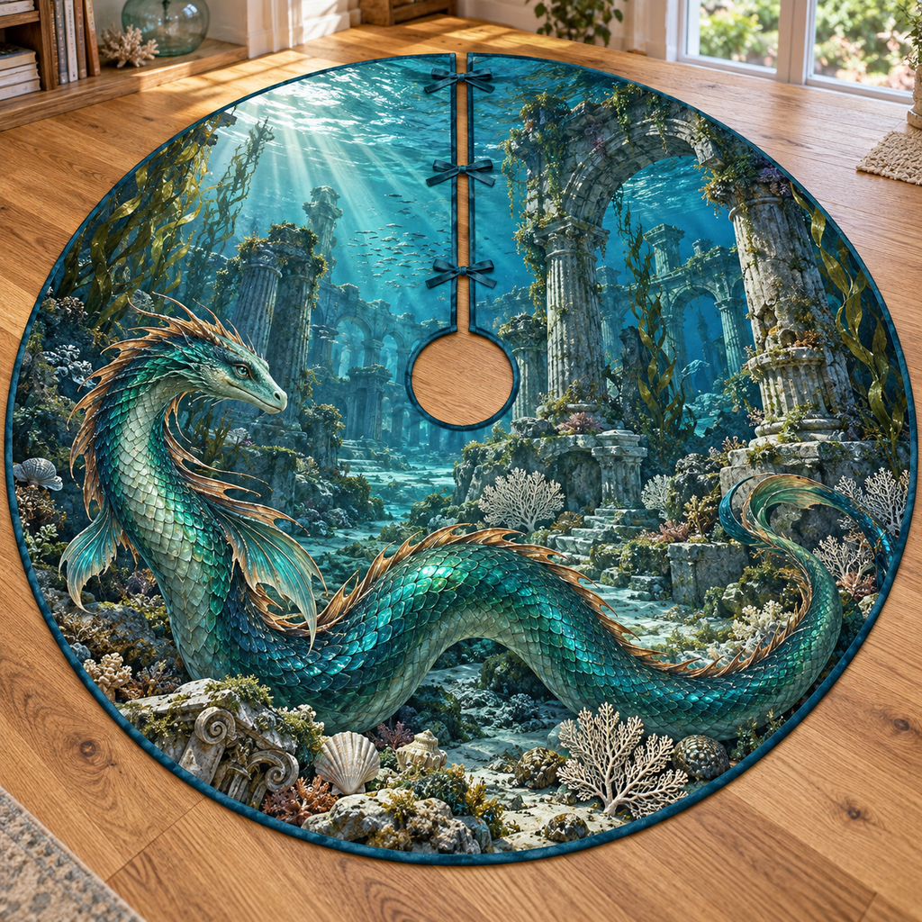Emerald teal sea serpent among kelp and sunken marble ruins, entirely flat printed on a thin teal-bound circular tree skirt.