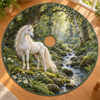 White single-horn unicorn by a fern-lined woodland stream, entirely flat printed on a thin sage-bound circular tree skirt.