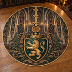 Original crowned gold lion rampant in an emerald shield with foliage and Gothic arches, flat printed on a thin circular tree skirt.