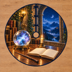 Wizard Crystal Orb Study Tree Skirt. Flat printed crystal orb, blank open book and wooden wand beneath a stone study arch; thin circular bound cloth with center opening and radial slit.