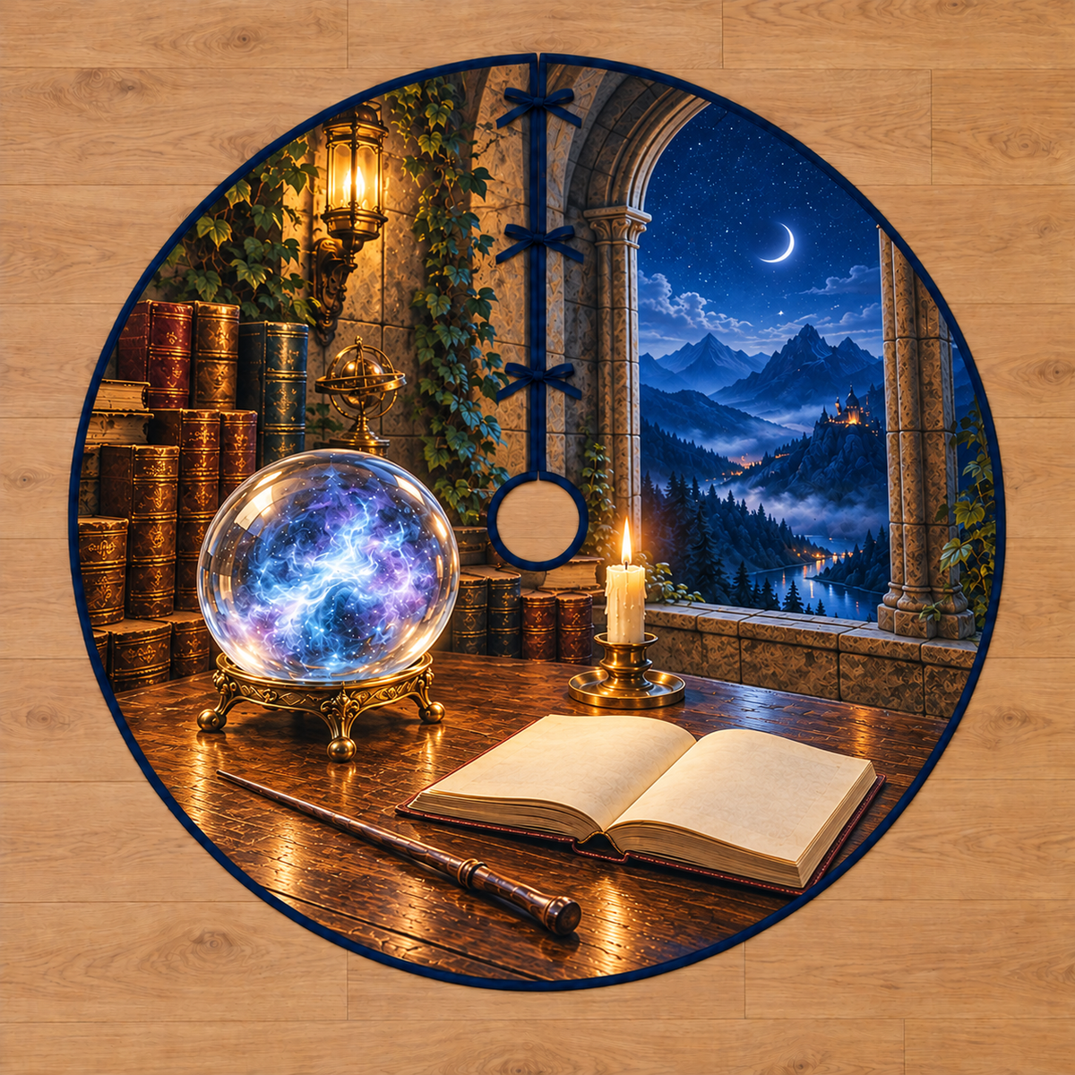 Wizard Crystal Orb Study Tree Skirt. Flat printed crystal orb, blank open book and wooden wand beneath a stone study arch; thin circular bound cloth with center opening and radial slit.