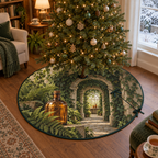 A circular tree skirt printed with an amber apothecary bottle, foreground ferns and ivy-covered stone arches receding toward a sunlit glasshouse window.