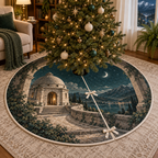 A circular tree skirt printed with a domed observatory, curved stone steps, vine-lined arches and a crescent moon over a distant lake and mountains.