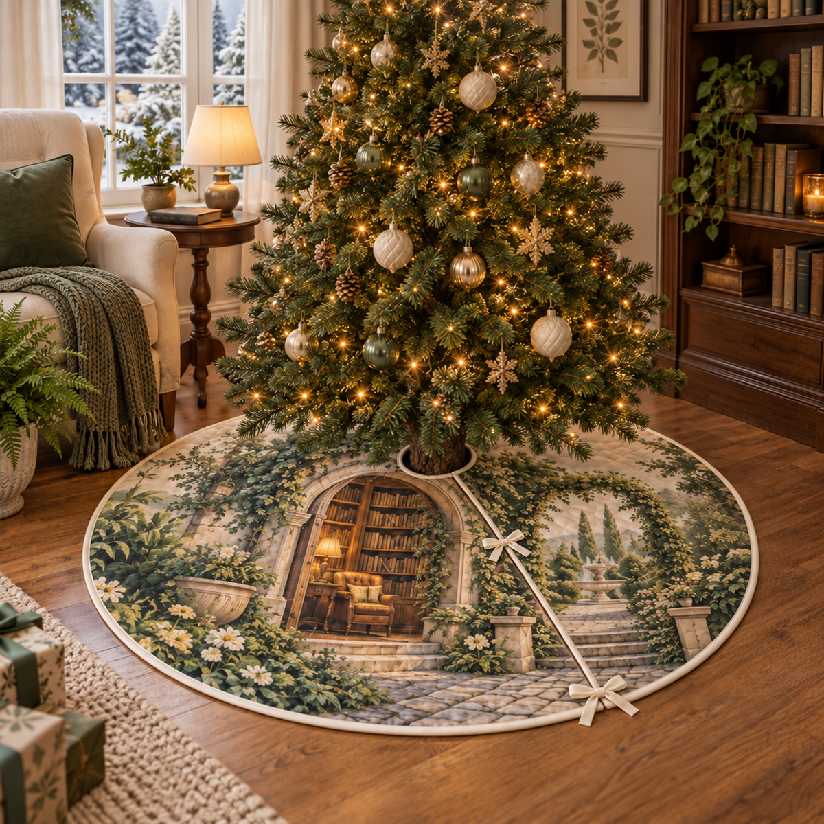 A circular tree skirt printed with an open stone library arch, oak bookshelves, reading chair, warm lamp, garden fountain and cobbled steps.