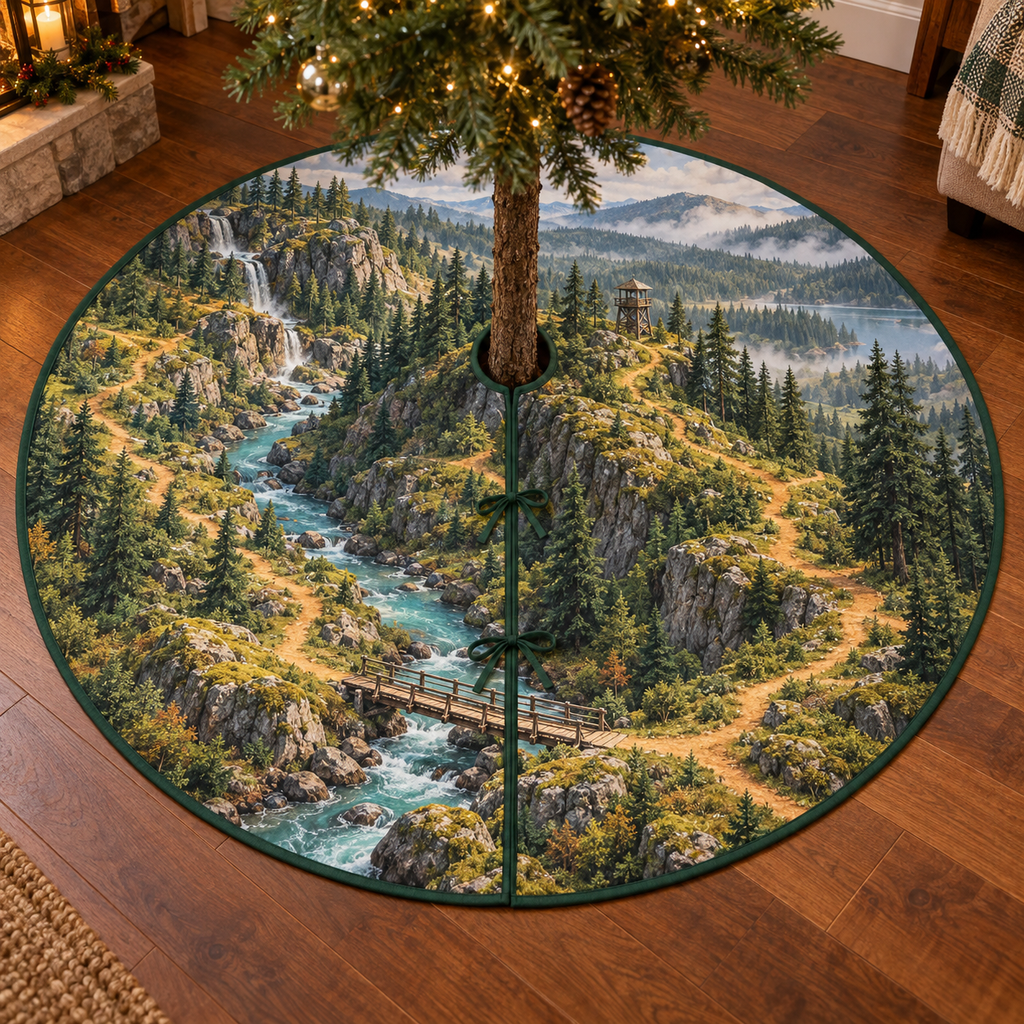 A round tree skirt printed with a woodland adventure map, rocky stream and bridge, winding trails, timber lookout and distant waterfall and misty hills.