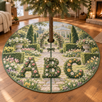 A round tree skirt printed with floral A B C topiary forms, spring flowerbeds, a stone garden path and distant glasshouse.