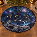 A round tree skirt printed with golden star-line digits 1 2 3, a rocky lunar foreground, planet, blue-violet nebula and spiral galaxy.