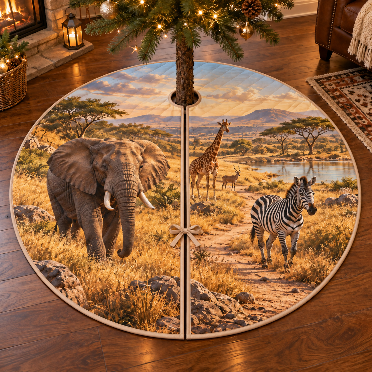 A round tree skirt printed with an elephant, zebra, giraffe and antelope along a savanna trail, with acacias and a distant watering hole.
