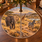 A round tree skirt printed with an elephant, zebra, giraffe and antelope along a savanna trail, with acacias and a distant watering hole.