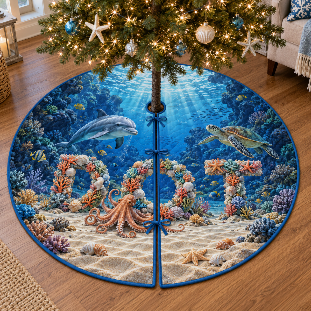 A round tree skirt printed with coral-and-shell letters D O T, dolphin, octopus and sea turtle in a deep reef canyon.
