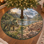 A round tree skirt printed with a triceratops, a small feathered dinosaur beside a fossil outcrop, and a sauropod in a waterfall valley.