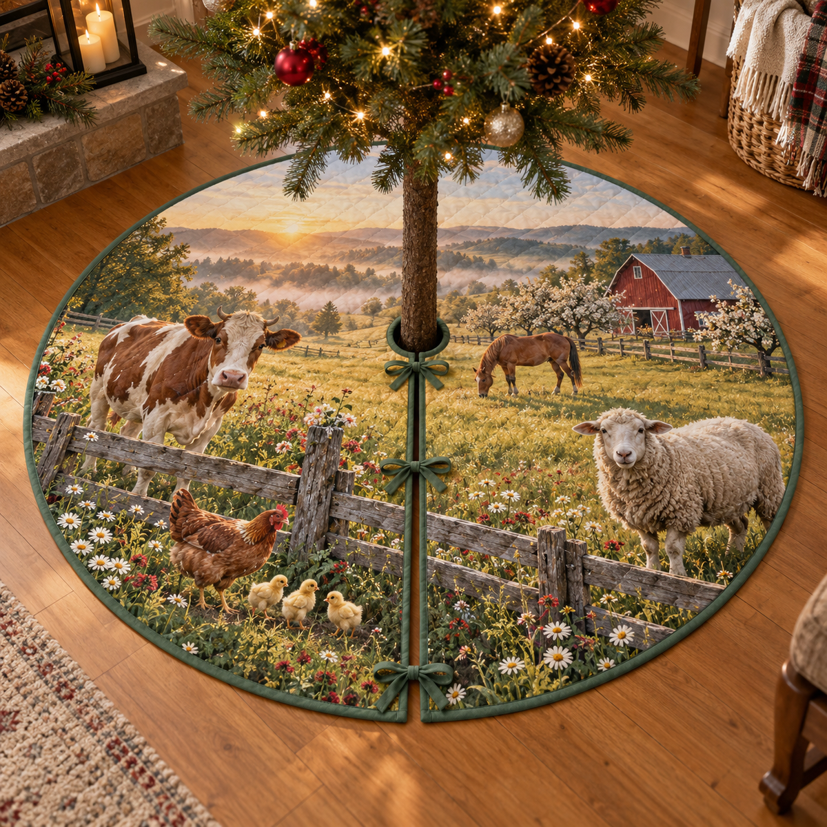 A round tree skirt printed with cow, sheep, hen and chicks beside a wooden fence, horse, red barn and sunrise orchard.