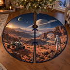 A round tree skirt printed with planetary rover, space-suited explorer, red canyon arch, ringed planet and two moons.