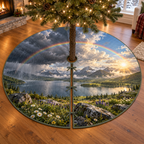 A round tree skirt printed with rainbow, rain clouds and sunlit cumulus above a lake, mountain valley and flowered meadow.
