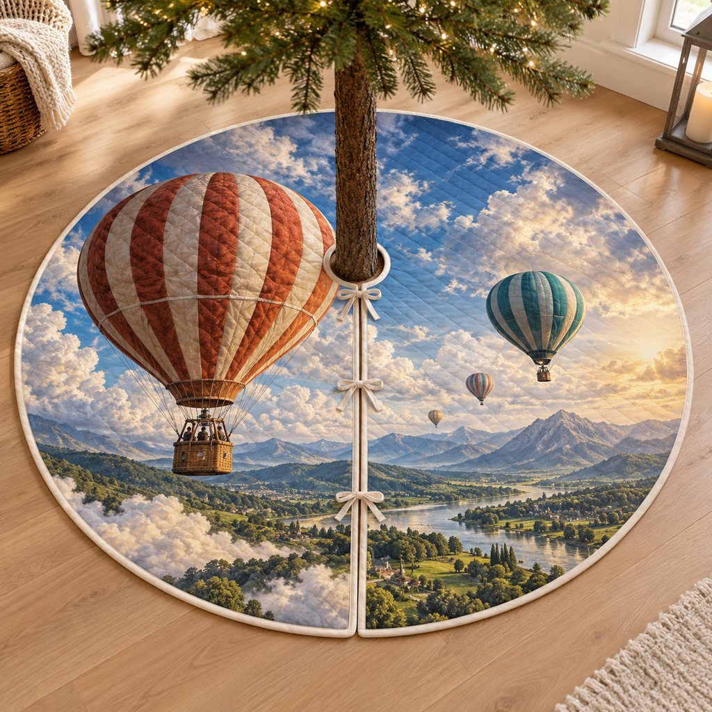 A round tree skirt printed with layered hot air balloons, billowing clouds, a winding river and distant mountain fields.