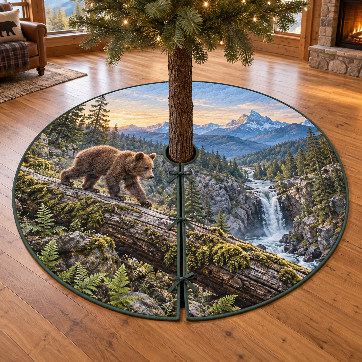 A round tree skirt printed with a bear cub crossing a fallen log above an alpine gorge and waterfall.