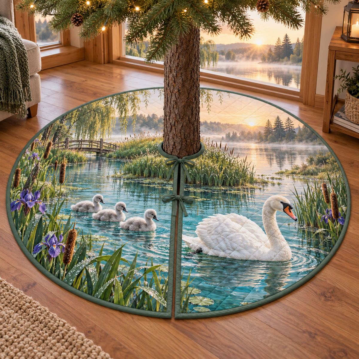 A round tree skirt printed with a swan and three cygnets swimming through a layered reed lake.
