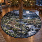 A round tree skirt printed with two rabbits crossing a moonlit meadow brook among flowers and stepping stones.