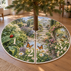 A round tree skirt printed with one ladybug, two butterflies and three bees paired with numerals 1, 2 and 3 in a layered garden.