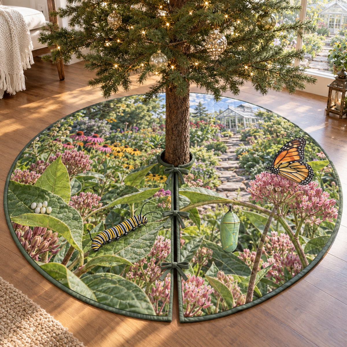 A round tree skirt printed with butterfly eggs, a striped caterpillar, green chrysalis and orange butterfly in a layered garden.
