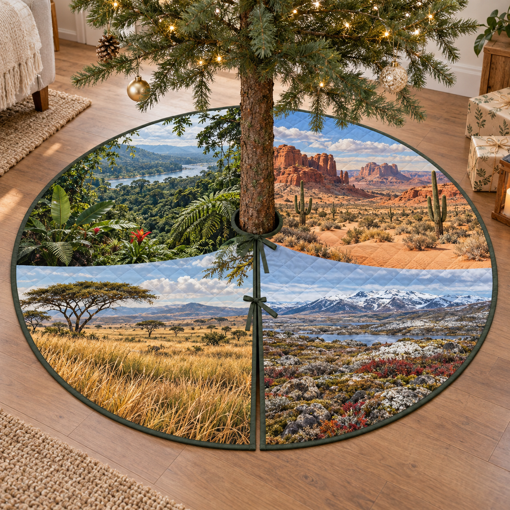 A round tree skirt printed with rainforest, desert, grassland and tundra landscape windows.