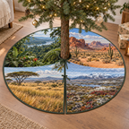 A round tree skirt printed with rainforest, desert, grassland and tundra landscape windows.