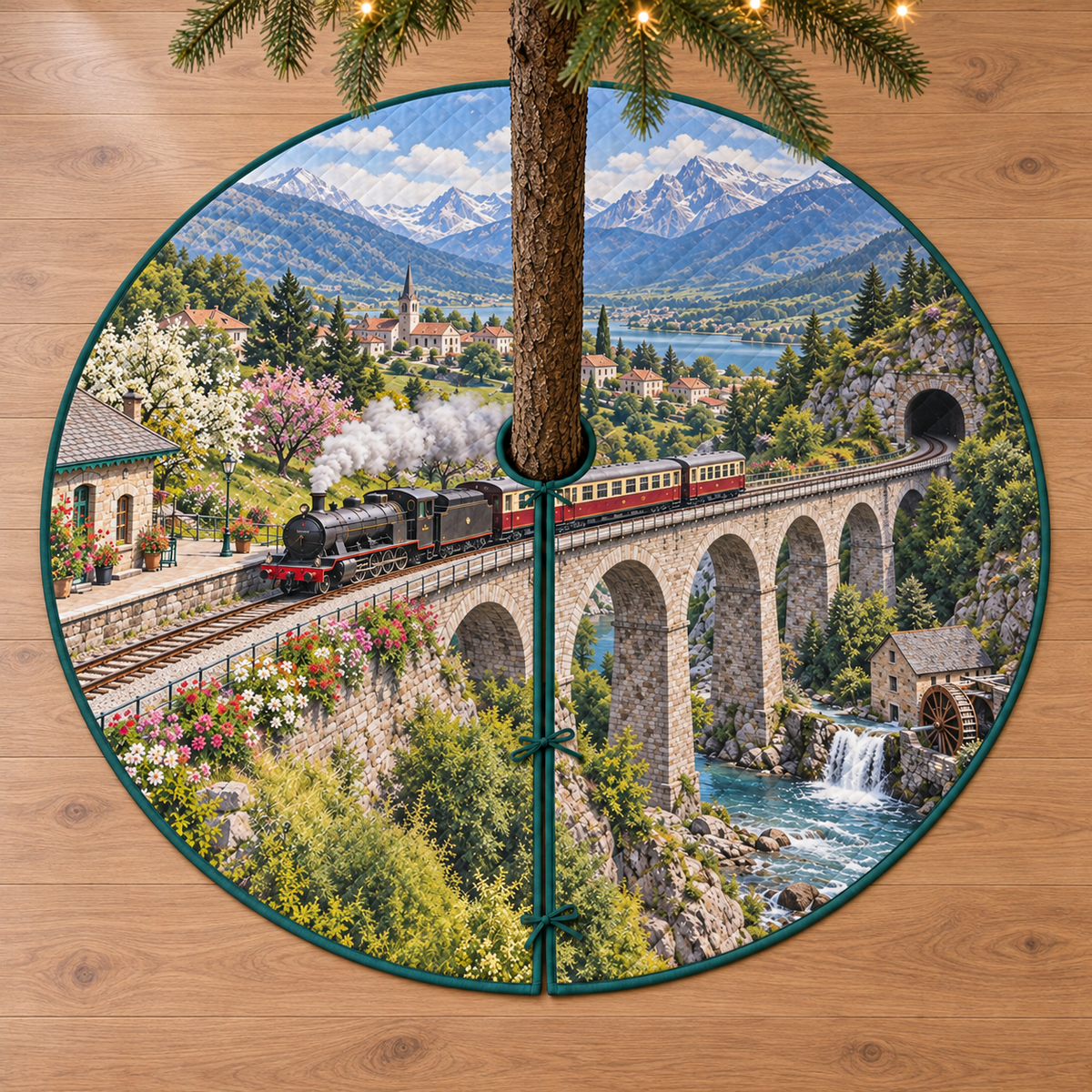 A round tree skirt printed with a village railway route from a station across a stone viaduct toward a mountain tunnel.