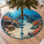 A round tree skirt printed with an underwater treasure chest, shell-marked sandy route, coral arch and distant shipwreck.