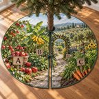 A round tree skirt printed with A for apples, B for bananas and C for carrots in a layered produce garden.