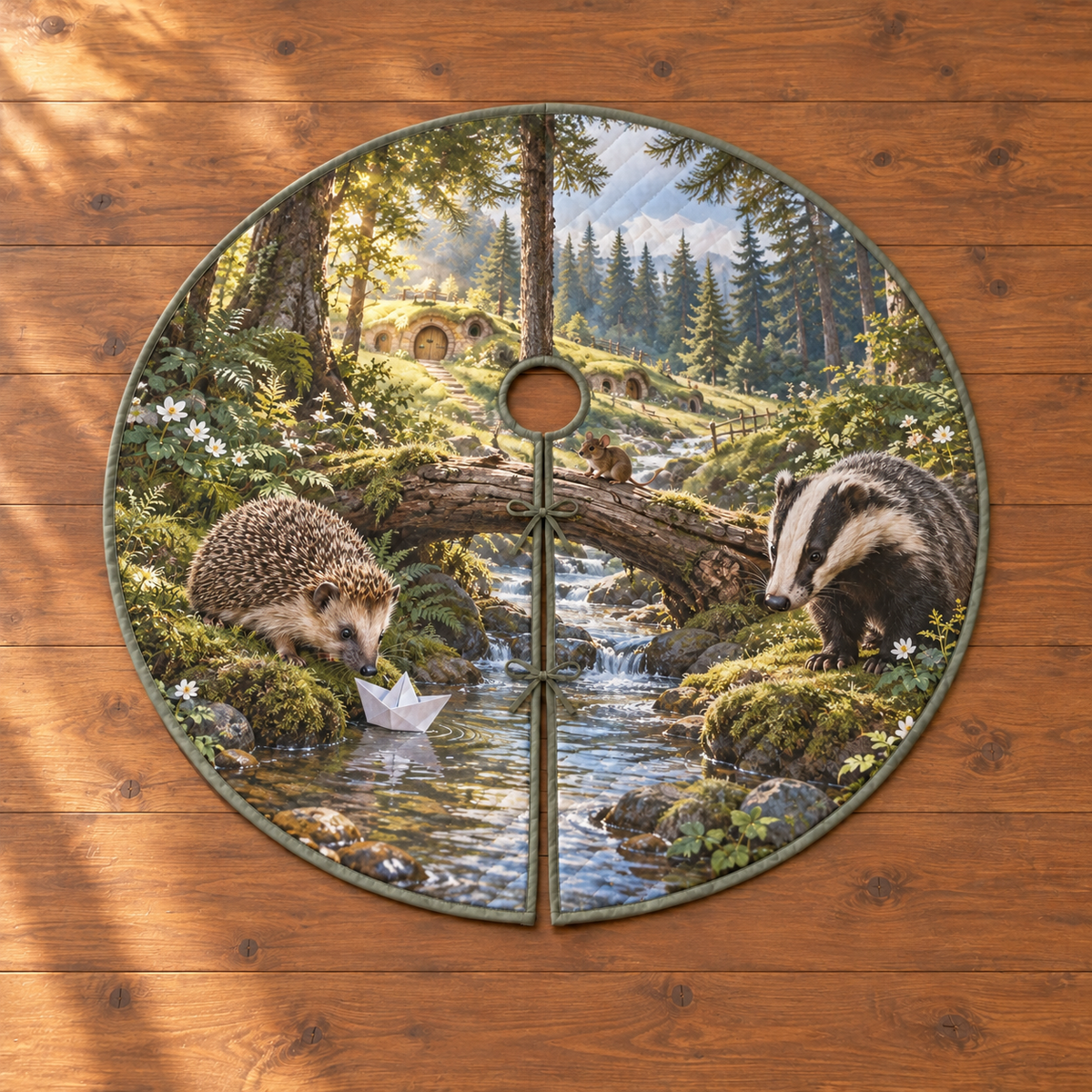 A round tree skirt printed with a hedgehog, badger and mouse beside a paper boat on a woodland creek.