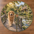 A round tree skirt printed with a golden retriever carrying a rope ring across a garden pond bridge.
