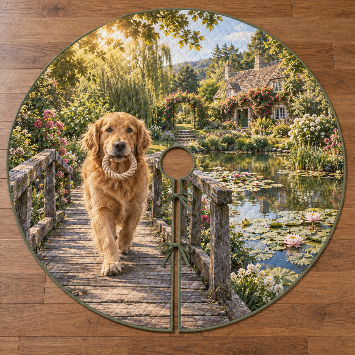 A round tree skirt printed with a golden retriever carrying a rope ring across a garden pond bridge.