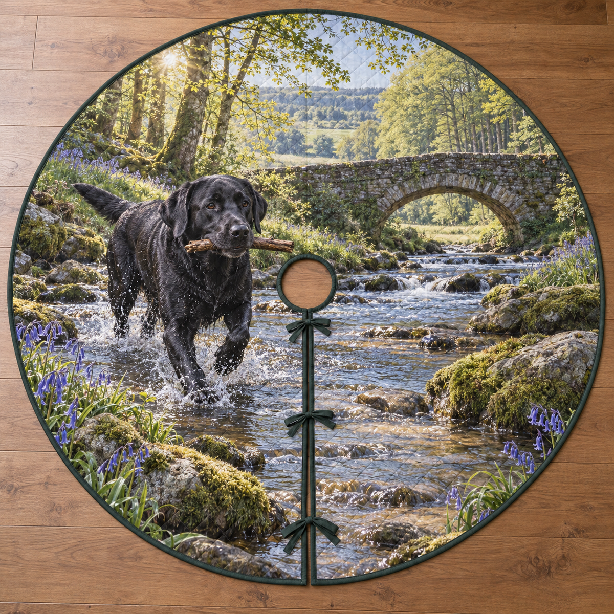 A round tree skirt printed with a black Labrador carrying a stick through a bluebell woodland creek.