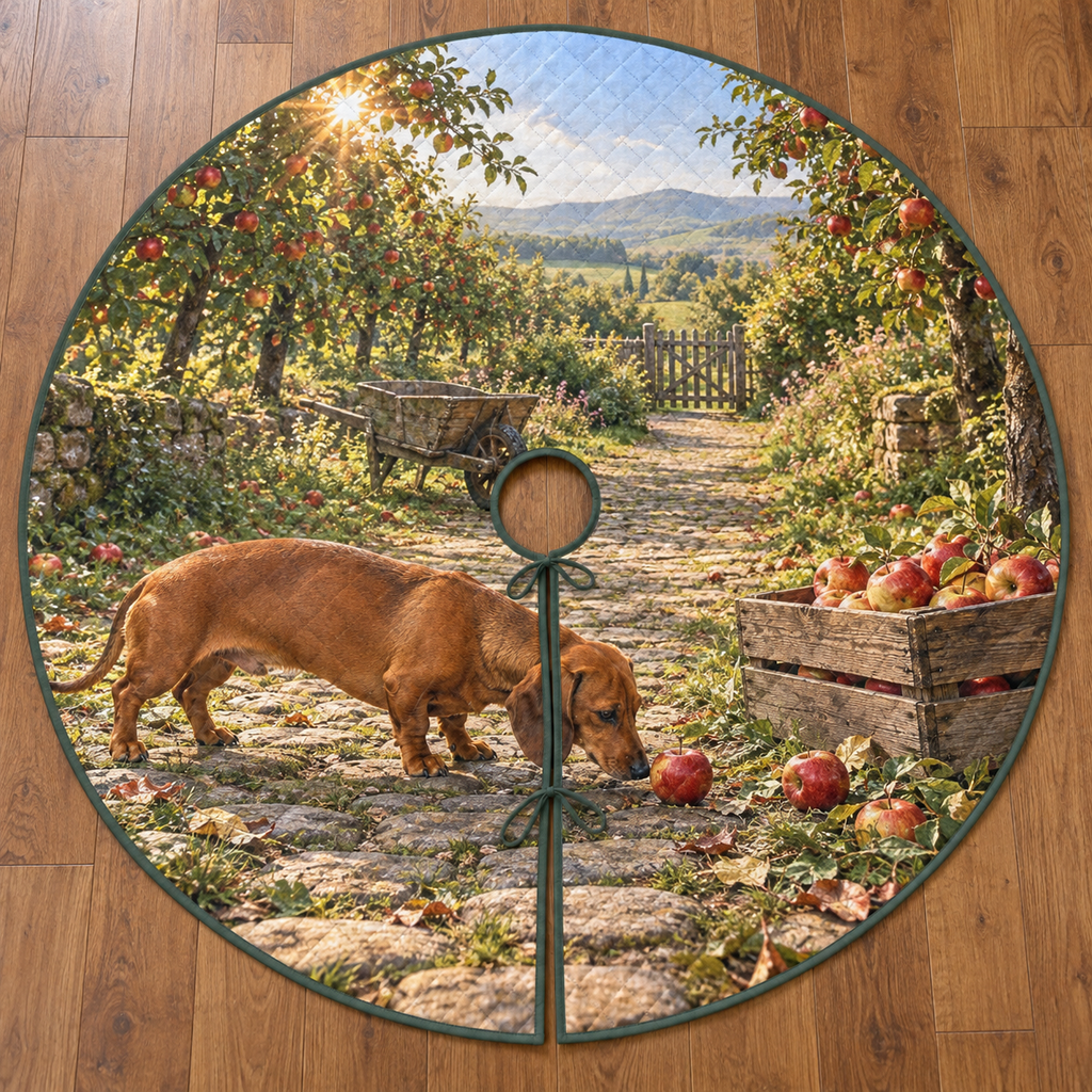 A round tree skirt printed with a dachshund sniffing an apple beside a wooden crate in a layered orchard.