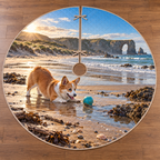 A round tree skirt printed with a playful corgi and turquoise ball beside a tidepool, dunes and distant sea arch.