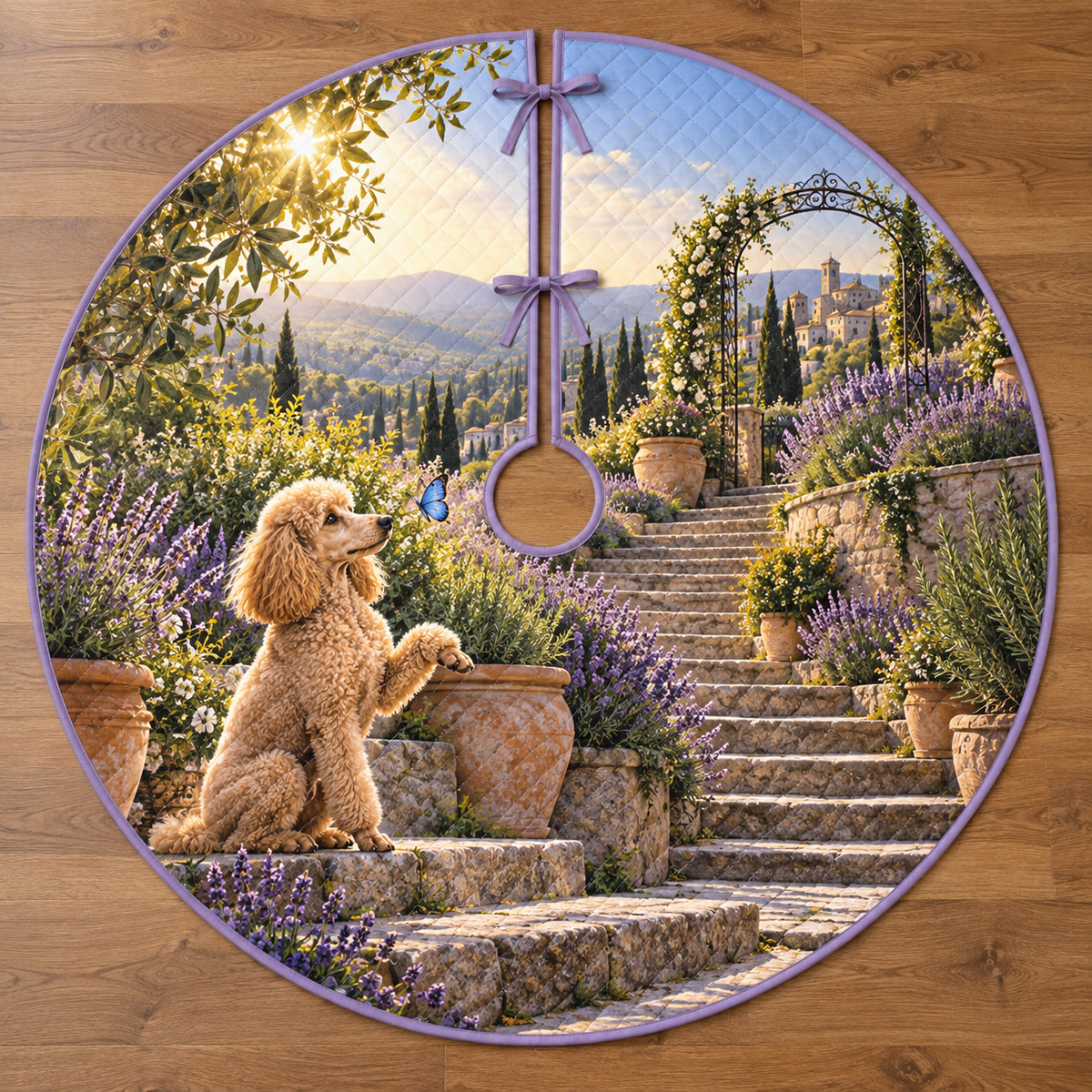 A round tree skirt printed with an apricot poodle watching a blue butterfly beside layered lavender garden steps.