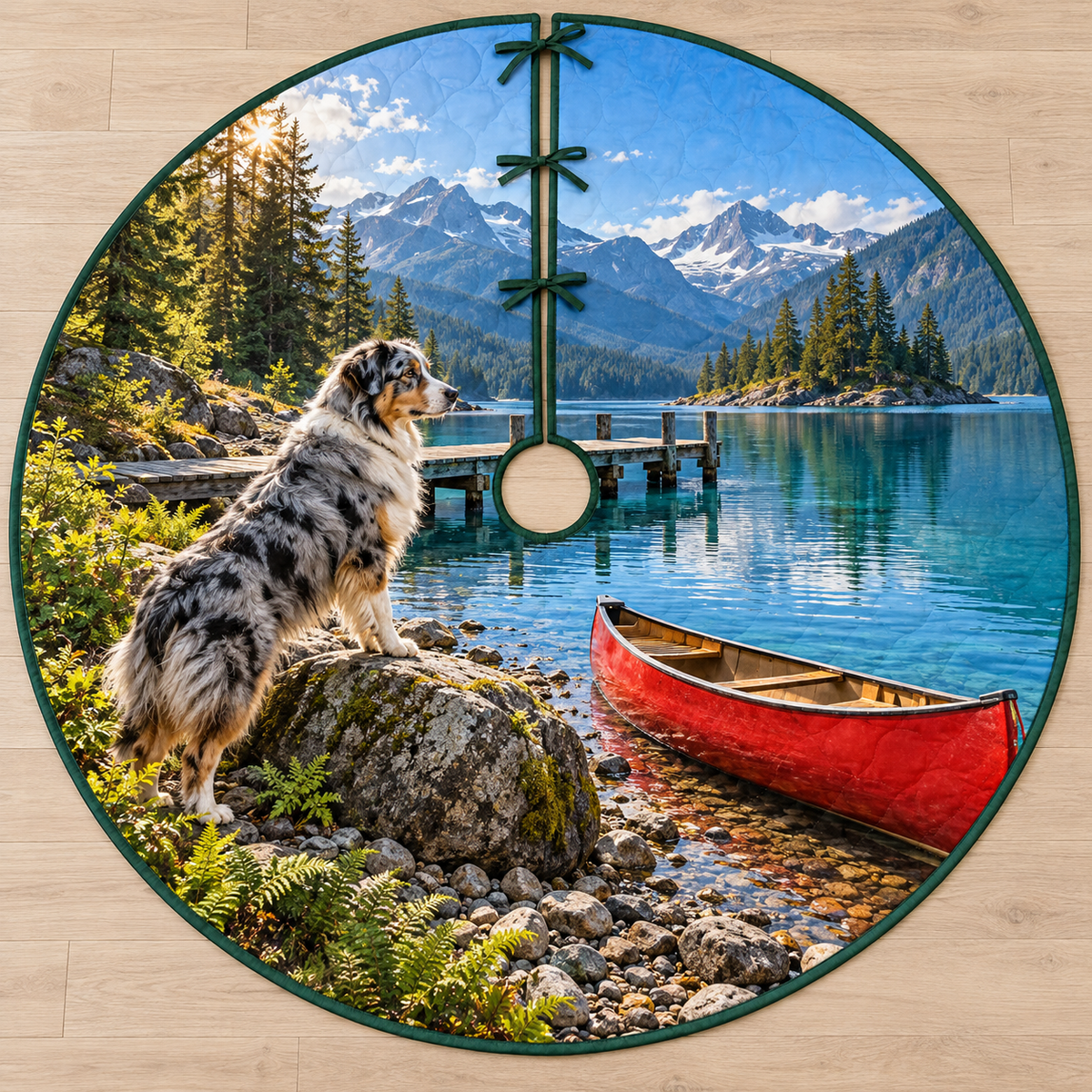 Flat printed lakeshore artwork with a blue merle Australian shepherd, red canoe, wooden jetty, pine island and distant mountains.