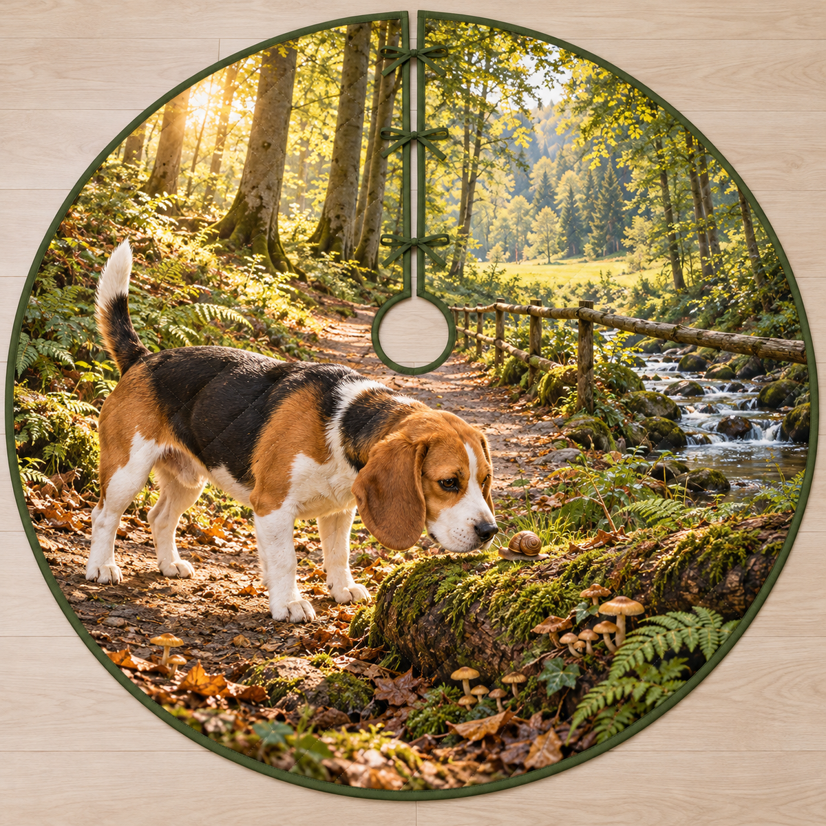 Flat printed woodland artwork with a beagle investigating a snail on a mossy log, layered fern path, brook and beech forest.