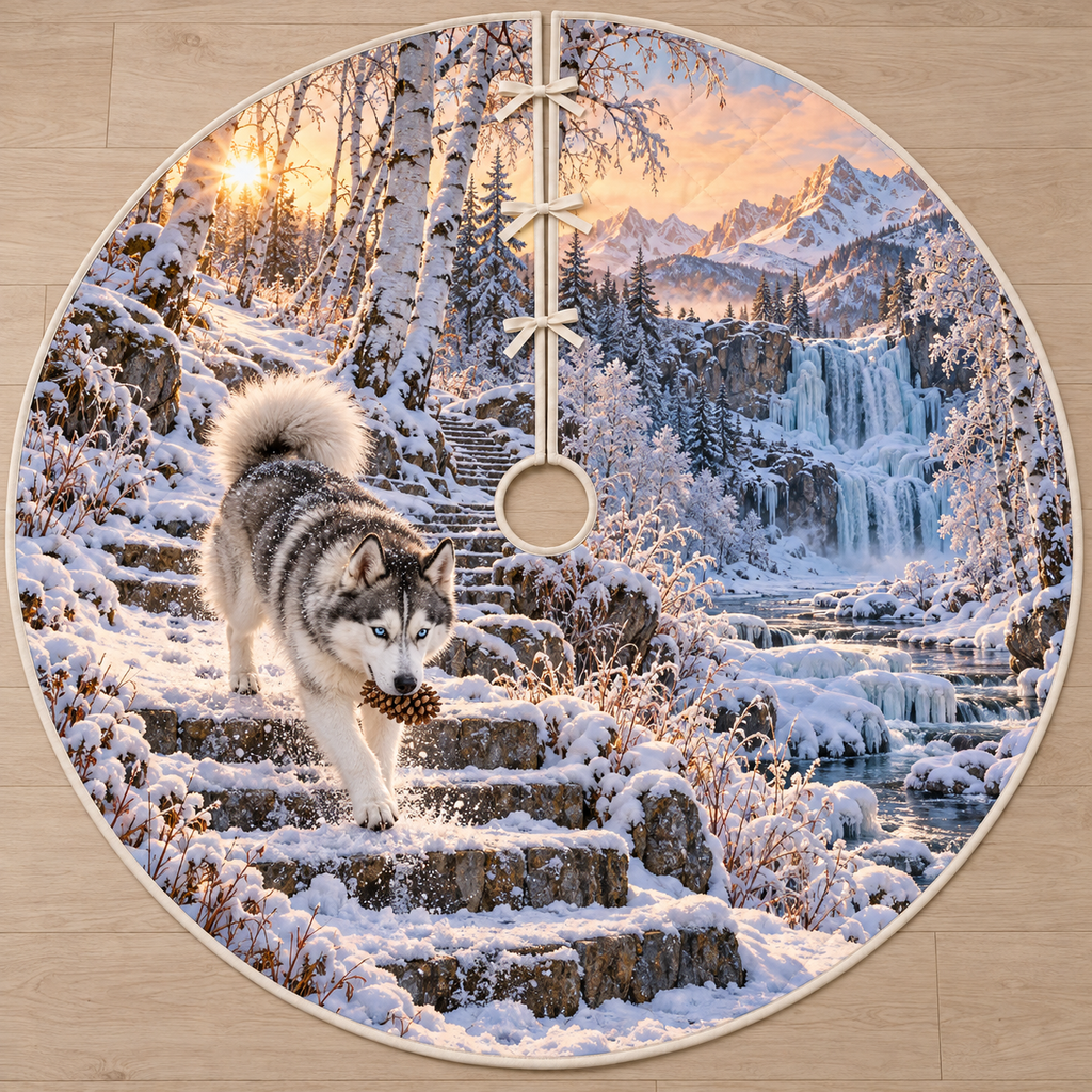 Flat printed winter artwork with a husky carrying a pinecone down snowy steps, layered birch arch, partly frozen brook and waterfall.