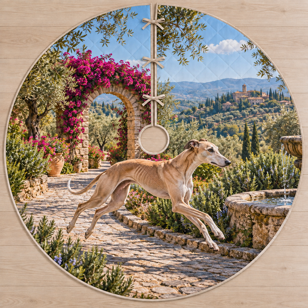 Flat printed garden artwork with a running fawn greyhound, cobblestone path, fountain edge, flowering stone arch and olive hills.