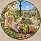 Flat printed garden artwork with a scruffy mixed-breed dog digging beside a terracotta pot, raised beds and a distant greenhouse.
