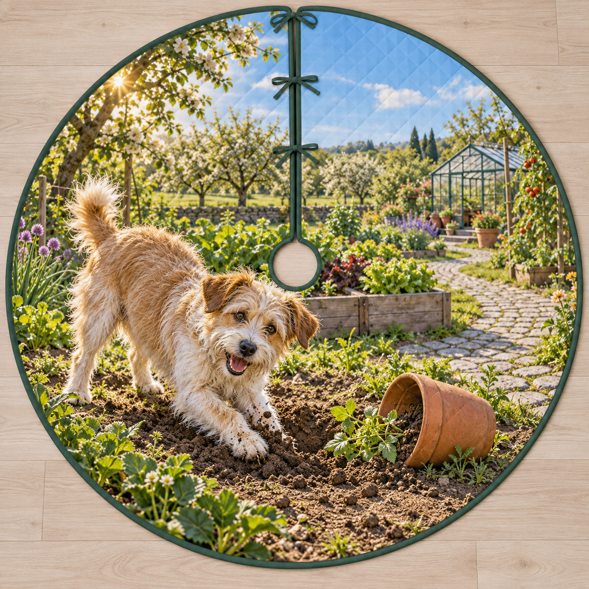 Flat printed garden artwork with a scruffy mixed-breed dog digging beside a terracotta pot, raised beds and a distant greenhouse.