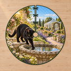 Flat printed garden artwork with a black cat touching birdbath water, ripples, layered lavender path and a distant greenhouse.