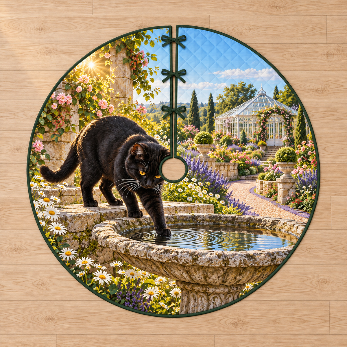 Flat printed garden artwork with a black cat touching birdbath water, ripples, layered lavender path and a distant greenhouse.