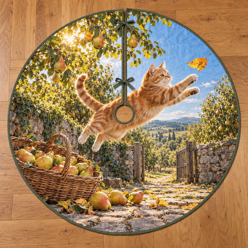 An orange tabby leaps for a golden leaf above a pear basket, with a layered orchard path, wooden gate and distant countryside.