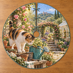 A calico cat meets a tiny frog on a turquoise watering can, with potting bench details, rose-covered garden steps and distant greenhouse.