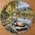 A sleeping seal-point Siamese curls on an ivory cloth in a teal rowboat, with jetty, lotus pond, willow canopy and distant cottage.