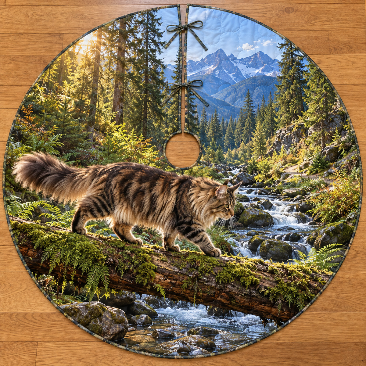 A shaggy Maine Coon walks a mossy log across a forest creek, with ferns, a small cascade, conifers and distant blue mountains.