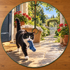 A tuxedo cat carries a plain blue sock across a sunlit tiled porch, with a wicker laundry basket, geraniums and distant garden gate.